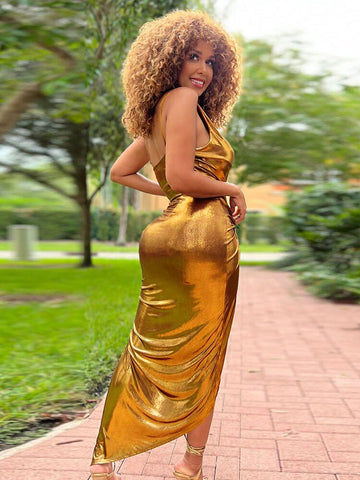 Znbbw Waist Slit Midi Dress Summer Sexy Spaghetti Strap Club Wear Bodycon Party Vestidos Fashion Solid Color Women Ruched Robe